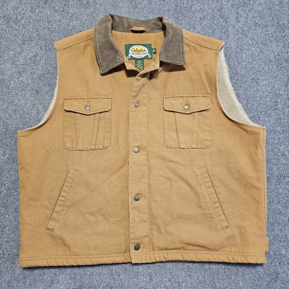 Vintage 90s Cabelas Sherpa Lined Vest Size XL Canvas Duck Canvas NUBUCK Trim WOW - Picture 1 of 14